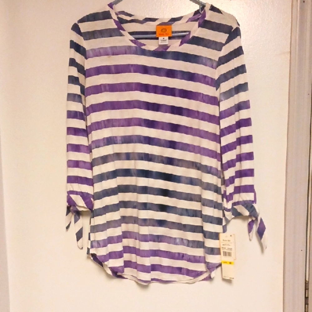 Ruby Rd. Purple and White 3/4 Sleeve Blouse with Tie Front